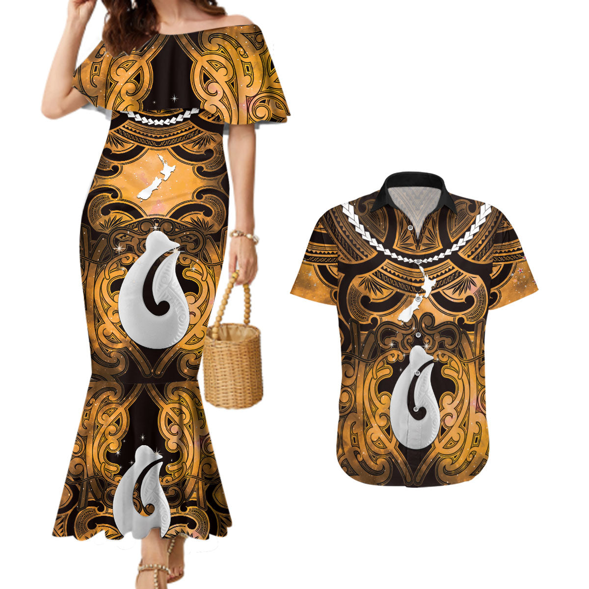 Personalised Maori Matariki Hei Matau Kowhai Couples Matching Mermaid Dress and Hawaiian Shirt Maori Kowhaiwhai Pattern Galaxy