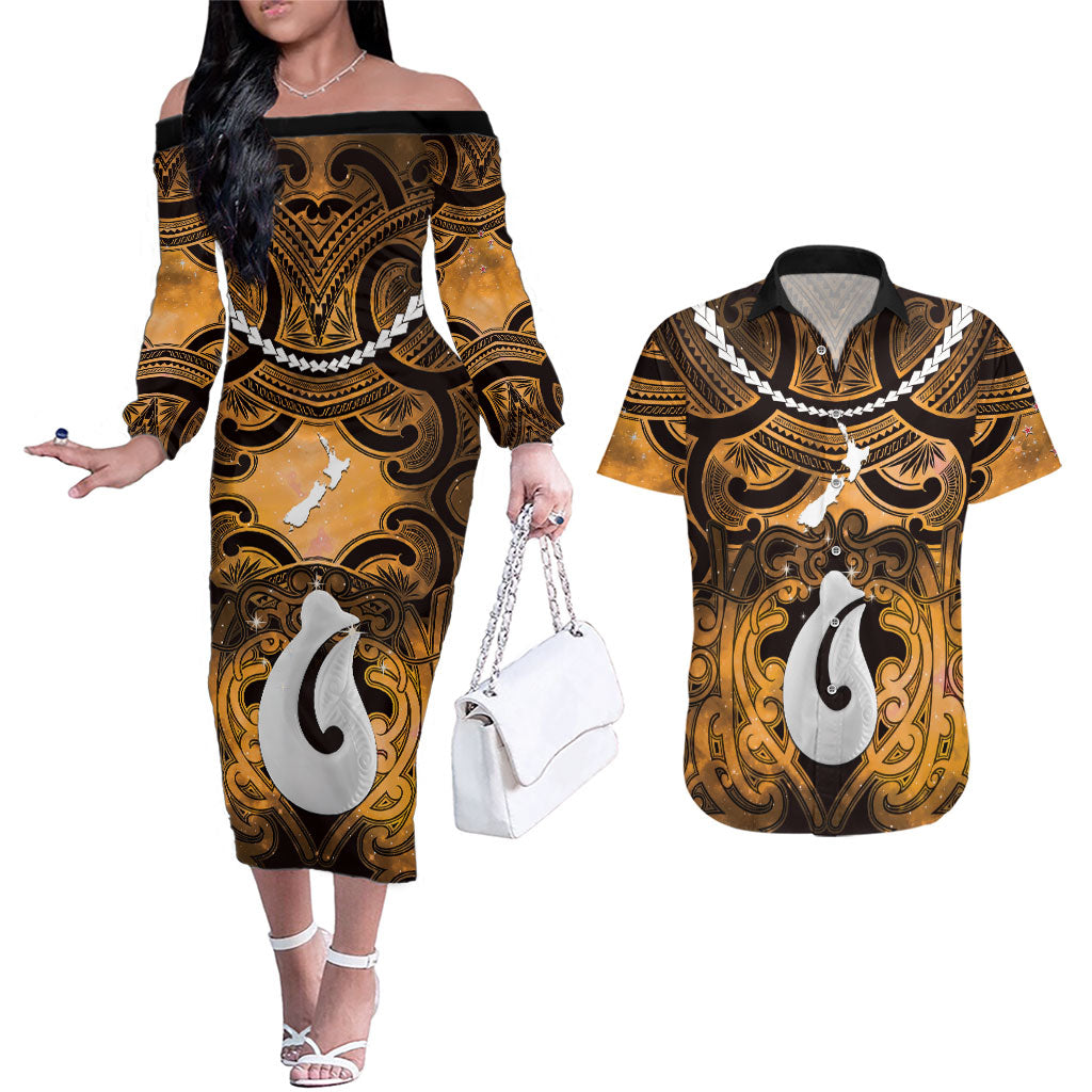 Personalised Maori Matariki Hei Matau Kowhai Couples Matching Off The Shoulder Long Sleeve Dress and Hawaiian Shirt Maori Kowhaiwhai Pattern Galaxy