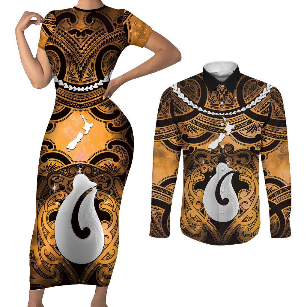 Personalised Maori Matariki Hei Matau Kowhai Couples Matching Short Sleeve Bodycon Dress and Long Sleeve Button Shirt Maori Kowhaiwhai Pattern Galaxy