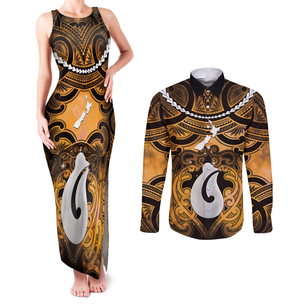 Personalised Maori Matariki Hei Matau Kowhai Couples Matching Tank Maxi Dress and Long Sleeve Button Shirt Maori Kowhaiwhai Pattern Galaxy