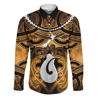 Personalised Maori Matariki Hei Matau Kowhai Family Matching Long Sleeve Bodycon Dress and Hawaiian Shirt Maori Kowhaiwhai Pattern Galaxy LT01 Dad's Shirt - Long Sleeve Yellow - Polynesian Pride