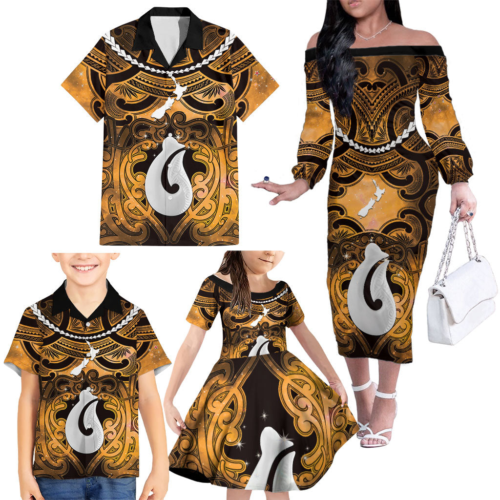 Personalised Maori Matariki Hei Matau Kowhai Family Matching Off The Shoulder Long Sleeve Dress and Hawaiian Shirt Maori Kowhaiwhai Pattern Galaxy