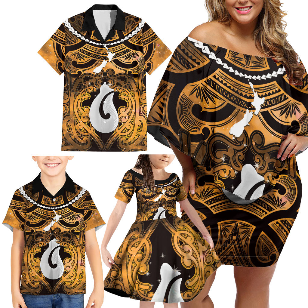 Personalised Maori Matariki Hei Matau Kowhai Family Matching Off Shoulder Short Dress and Hawaiian Shirt Maori Kowhaiwhai Pattern Galaxy