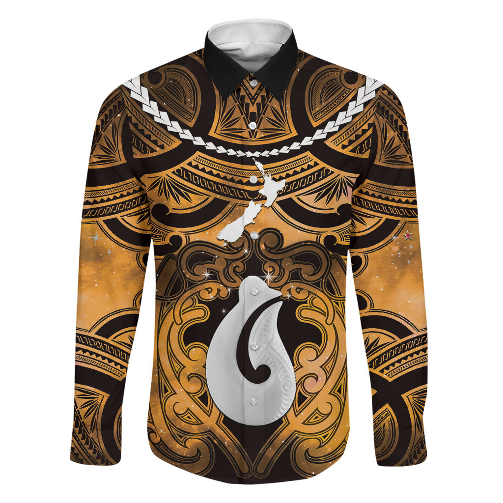 Personalised Maori Matariki Hei Matau Kowhai Family Matching Puletasi and Hawaiian Shirt Maori Kowhaiwhai Pattern Galaxy LT01 Dad's Shirt - Long Sleeve Yellow - Polynesian Pride