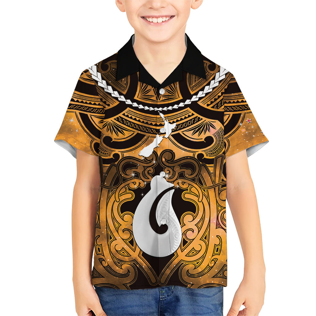 Personalised Maori Matariki Hei Matau Kowhai Family Matching Short Sleeve Bodycon Dress and Hawaiian Shirt Maori Kowhaiwhai Pattern Galaxy LT01 Son's Shirt Yellow - Polynesian Pride