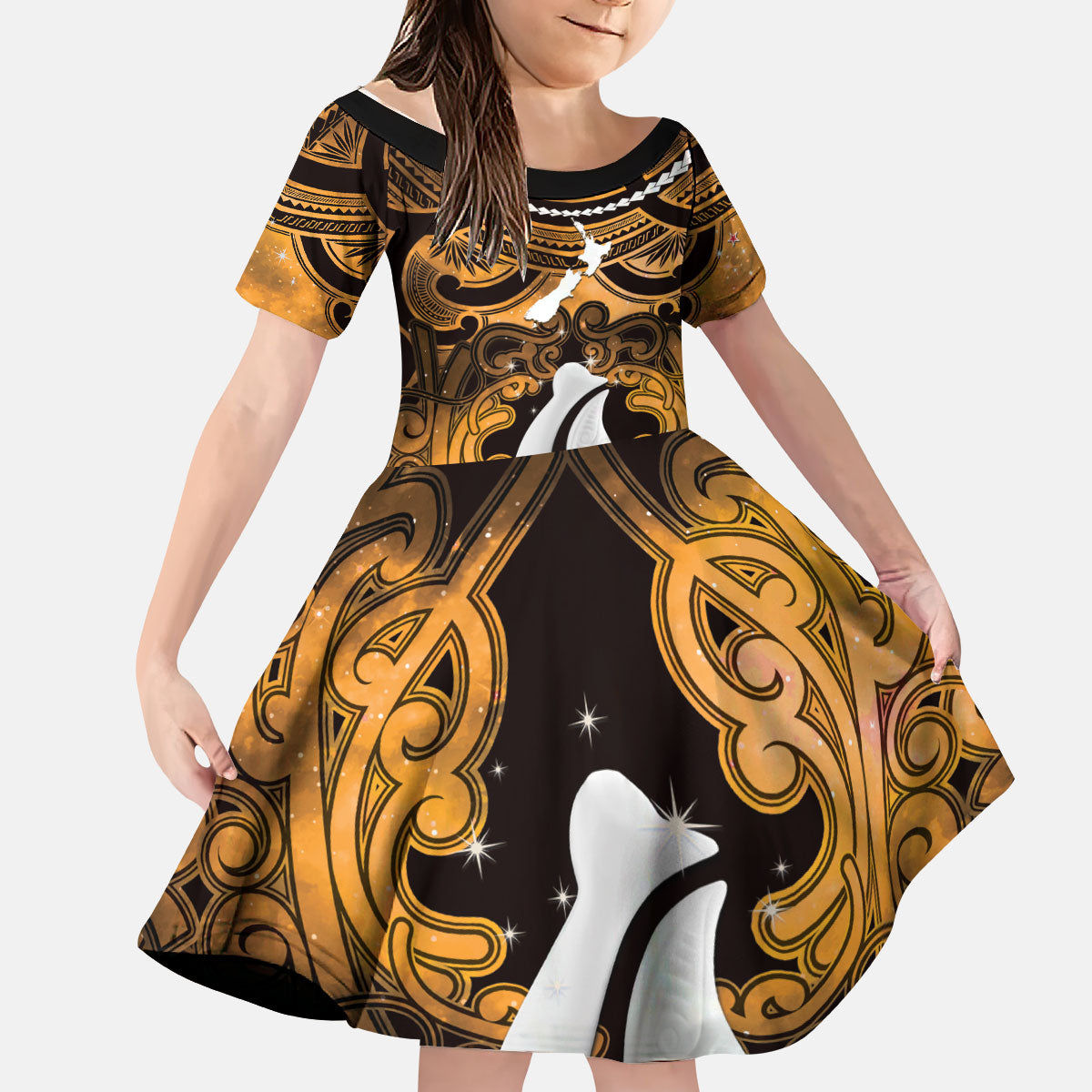 Personalised Maori Matariki Hei Matau Kowhai Kid Short Sleeve Dress Maori Kowhaiwhai Pattern Galaxy