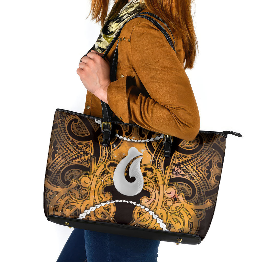 Maori Matariki Hei Matau Kowhai Leather Tote Bag Maori Kowhaiwhai Pattern Galaxy