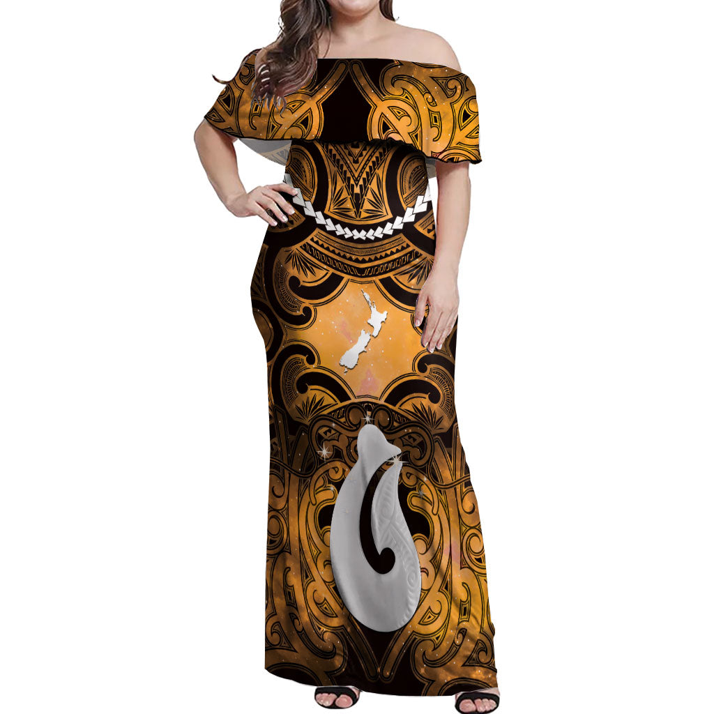 Personalised Maori Matariki Hei Matau Kowhai Off Shoulder Maxi Dress Maori Kowhaiwhai Pattern Galaxy