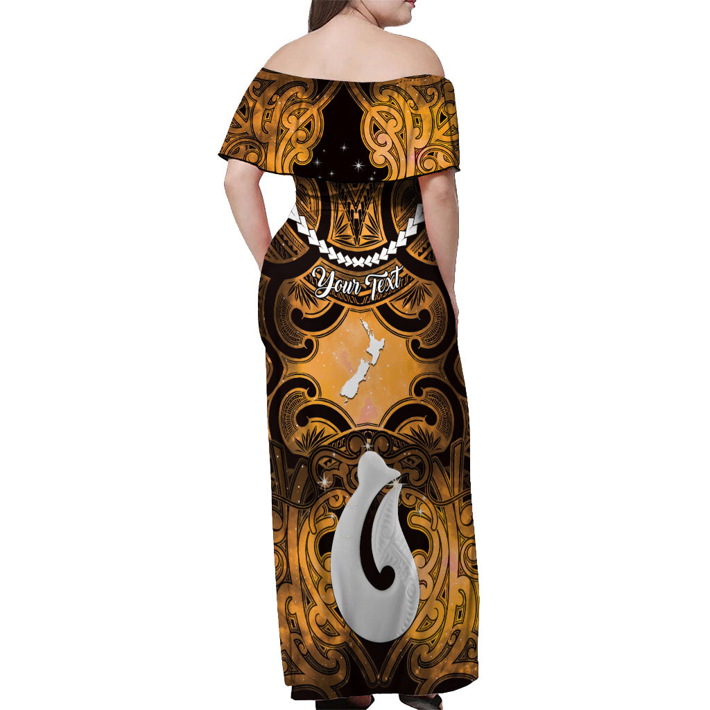 Personalised Maori Matariki Hei Matau Kowhai Off Shoulder Maxi Dress Maori Kowhaiwhai Pattern Galaxy LT01 - Polynesian Pride