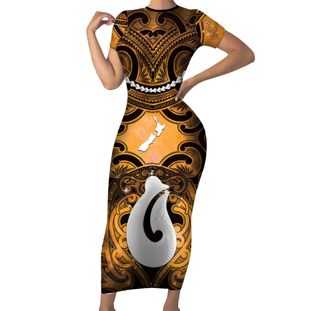 Personalised Maori Matariki Hei Matau Kowhai Short Sleeve Bodycon Dress Maori Kowhaiwhai Pattern Galaxy