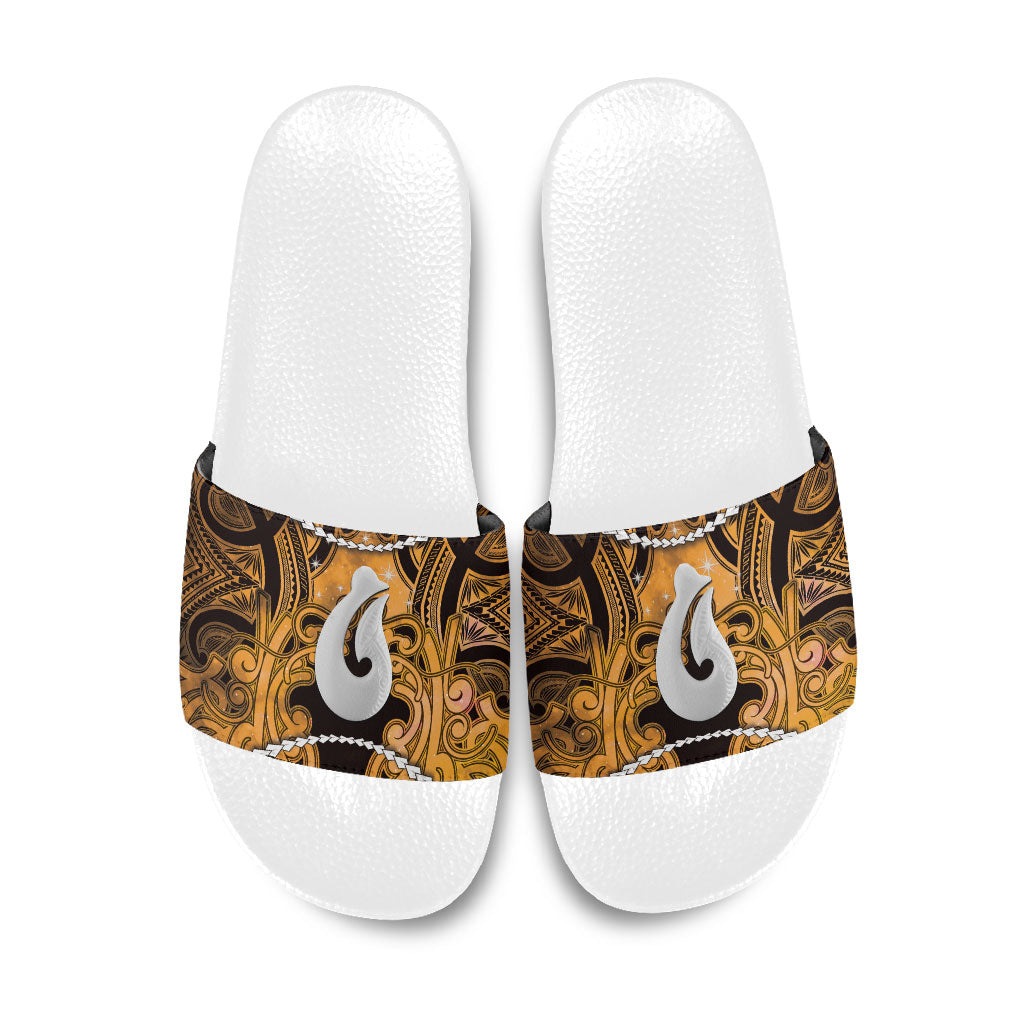 Maori Matariki Hei Matau Kowhai Slide Sandals Maori Kowhaiwhai Pattern Galaxy LT01 Yellow - Polynesian Pride