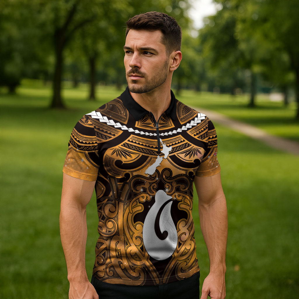 Personalised Maori Matariki Hei Matau Kowhai Zipper Polo Shirt Maori Kowhaiwhai Pattern Galaxy