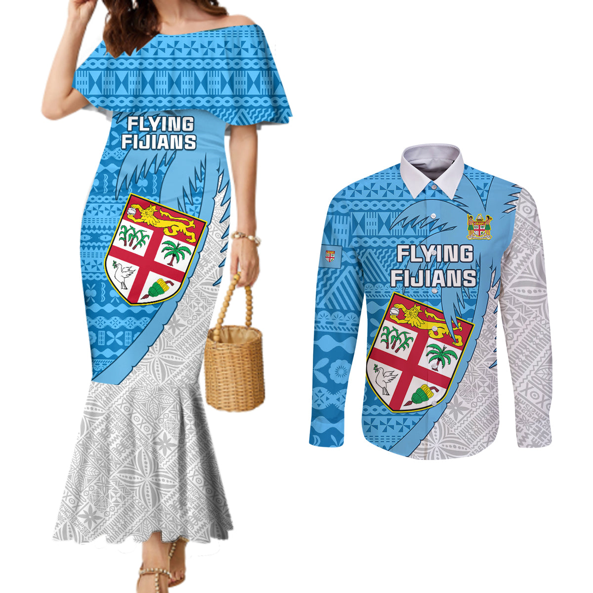 Fiji Rugby Couples Matching Mermaid Dress and Long Sleeve Button Shirts Come On Fijian Tapa Pattern LT01 Blue - Polynesian Pride