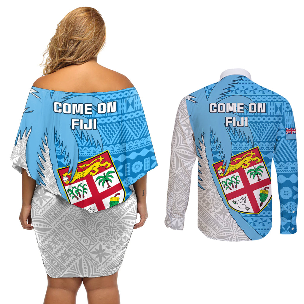 Fiji Rugby Couples Matching Off Shoulder Short Dress and Long Sleeve Button Shirts Come On Fijian Tapa Pattern LT01 - Polynesian Pride