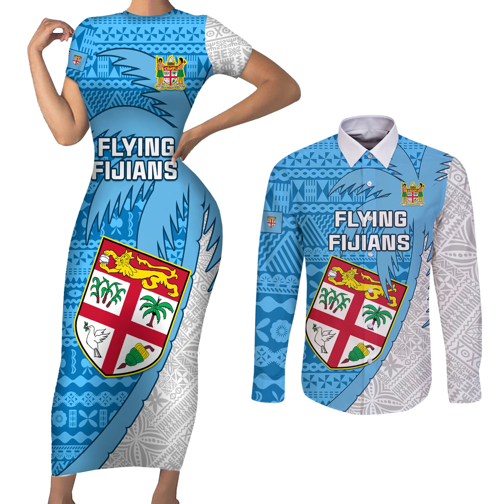 Fiji Rugby Couples Matching Short Sleeve Bodycon Dress and Long Sleeve Button Shirts Come On Fijian Tapa Pattern LT01 Blue - Polynesian Pride