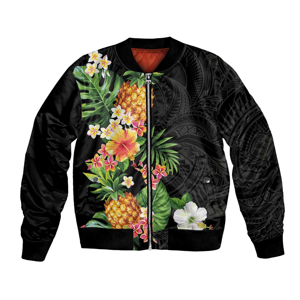 Hawaii Pineapple Tropical Bomber Jacket Colorful Hibiscus Plumeria LT01 Unisex Black - Polynesian Pride