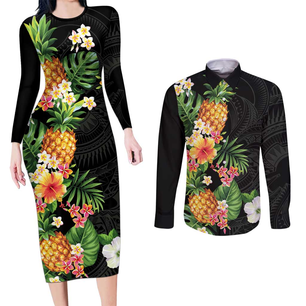 Hawaii Pineapple Tropical Couples Matching Long Sleeve Bodycon Dress and Long Sleeve Button Shirt Colorful Hibiscus Plumeria LT01 Black - Polynesian Pride