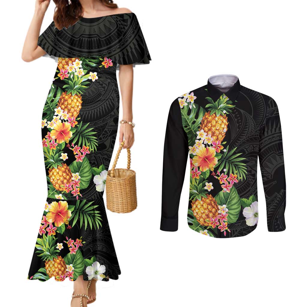 Hawaii Pineapple Tropical Couples Matching Mermaid Dress and Long Sleeve Button Shirt Colorful Hibiscus Plumeria LT01 Black - Polynesian Pride