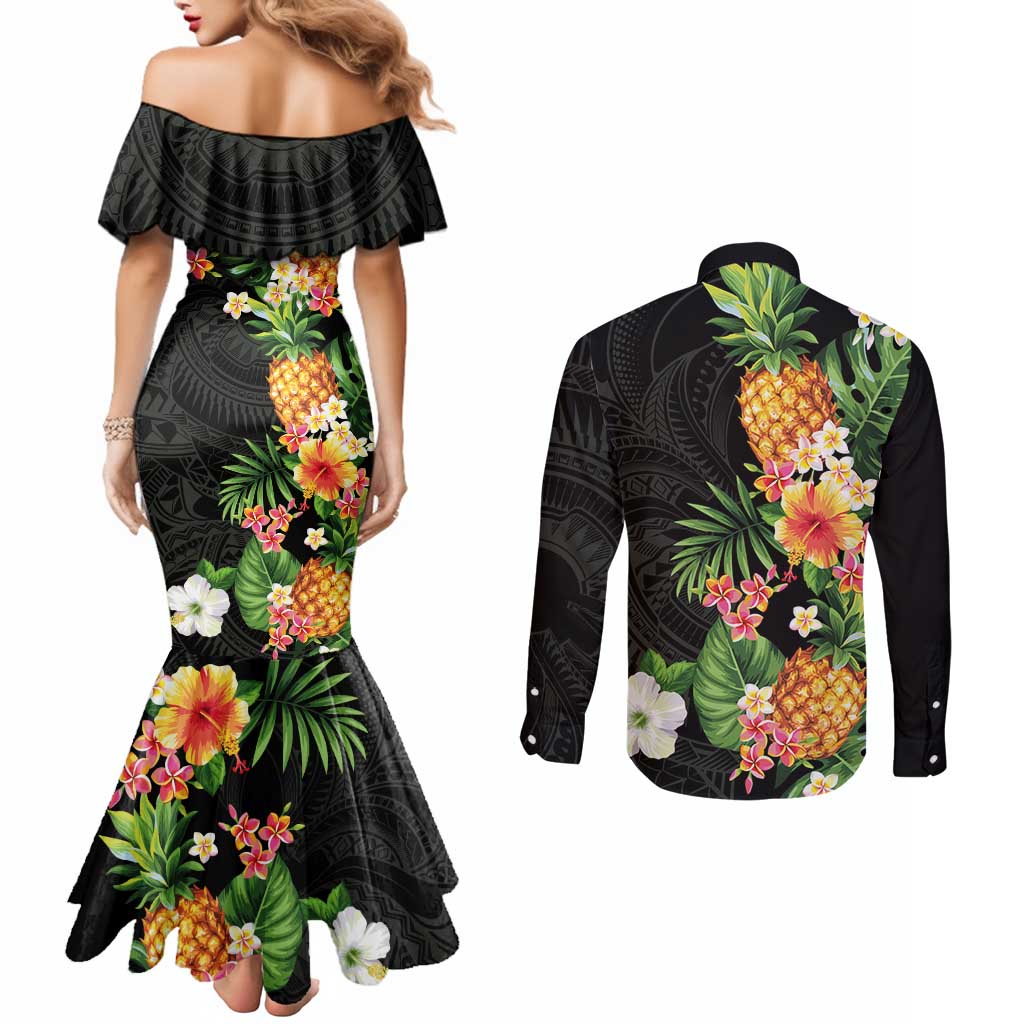 Hawaii Pineapple Tropical Couples Matching Mermaid Dress and Long Sleeve Button Shirt Colorful Hibiscus Plumeria