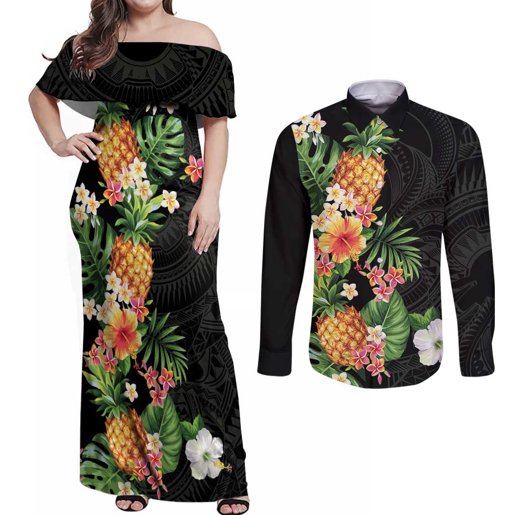 Hawaii Pineapple Tropical Couples Matching Off Shoulder Maxi Dress and Long Sleeve Button Shirt Colorful Hibiscus Plumeria LT01 Black - Polynesian Pride