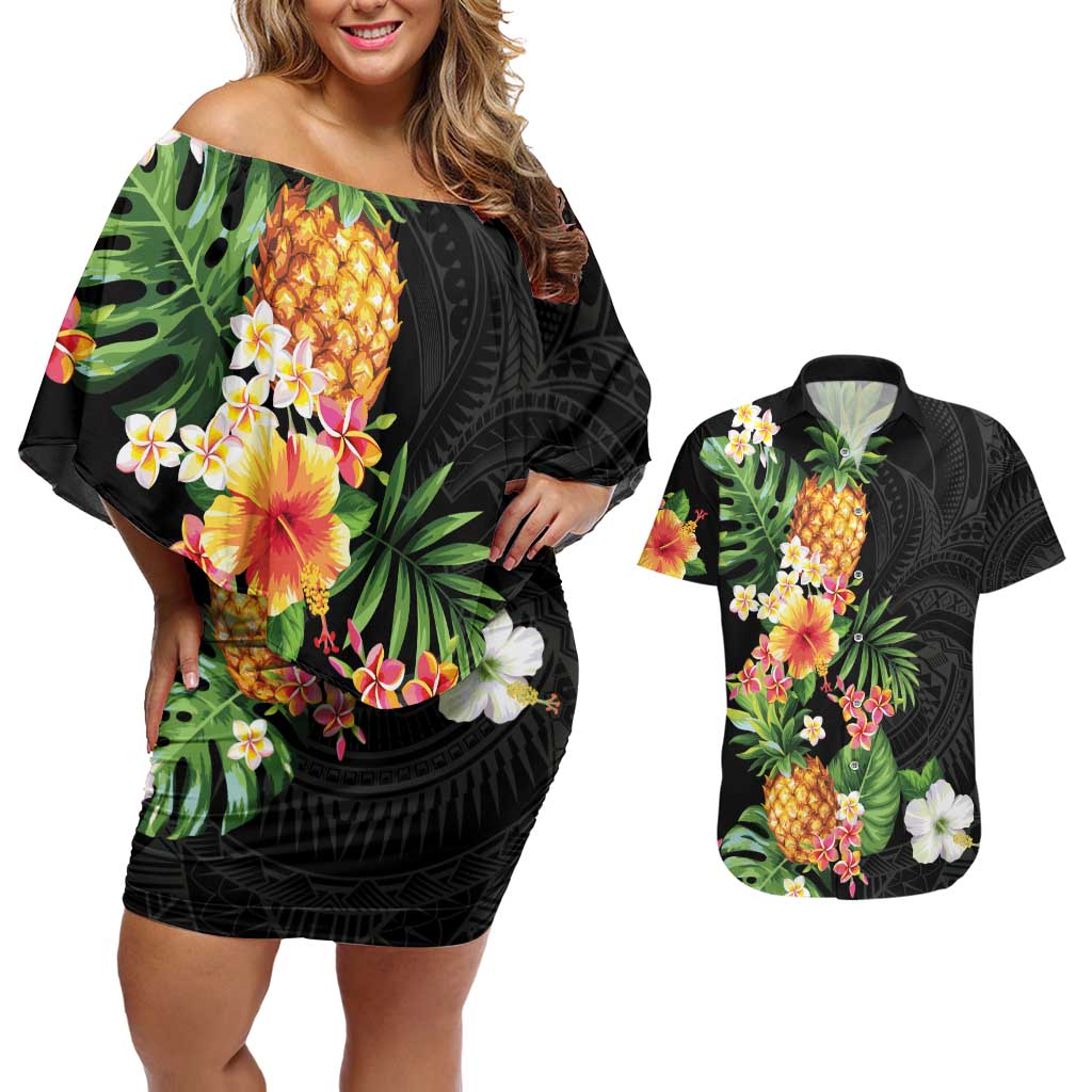 Hawaii Pineapple Tropical Couples Matching Off Shoulder Short Dress and Hawaiian Shirt Colorful Hibiscus Plumeria LT01 Black - Polynesian Pride