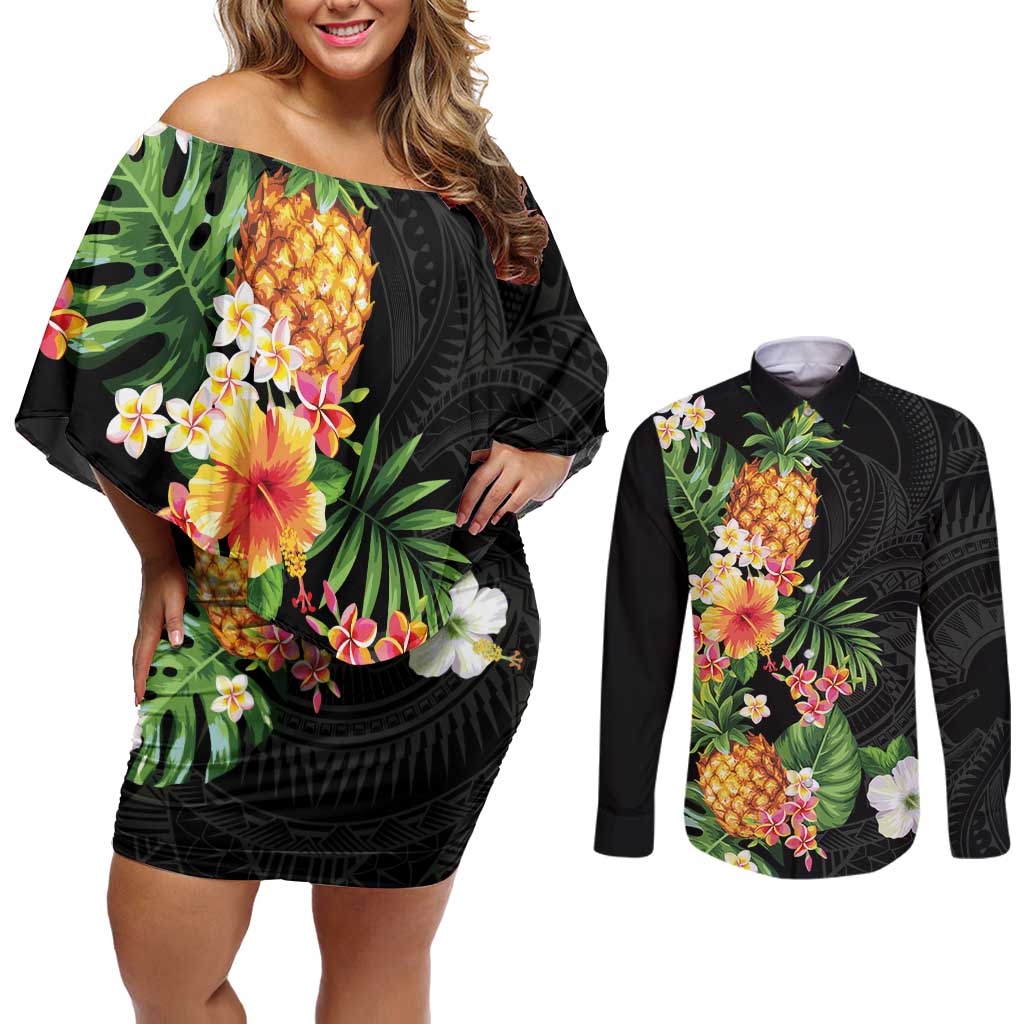 Hawaii Pineapple Tropical Couples Matching Off Shoulder Short Dress and Long Sleeve Button Shirt Colorful Hibiscus Plumeria LT01 Black - Polynesian Pride