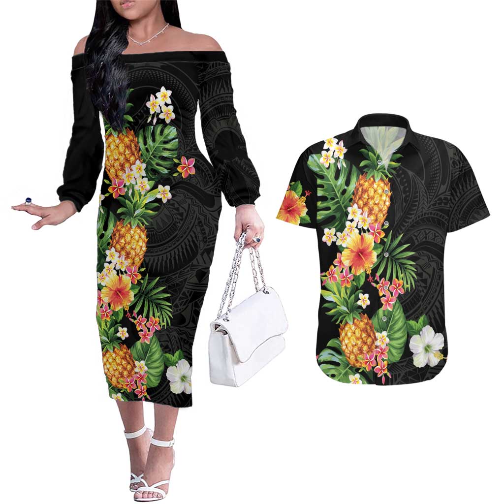Hawaii Pineapple Tropical Couples Matching Off The Shoulder Long Sleeve Dress and Hawaiian Shirt Colorful Hibiscus Plumeria LT01 Black - Polynesian Pride