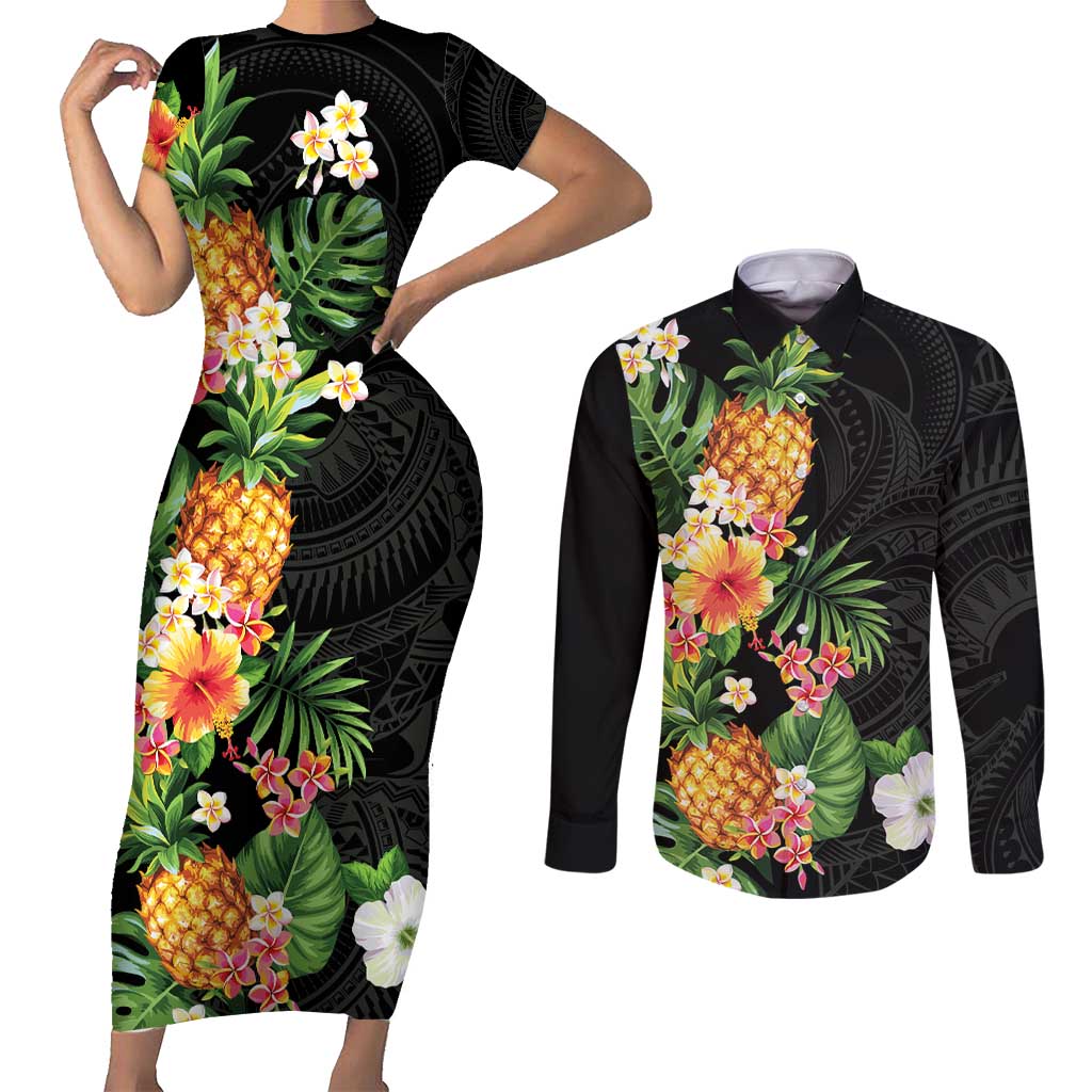 Hawaii Pineapple Tropical Couples Matching Short Sleeve Bodycon Dress and Long Sleeve Button Shirt Colorful Hibiscus Plumeria LT01 Black - Polynesian Pride