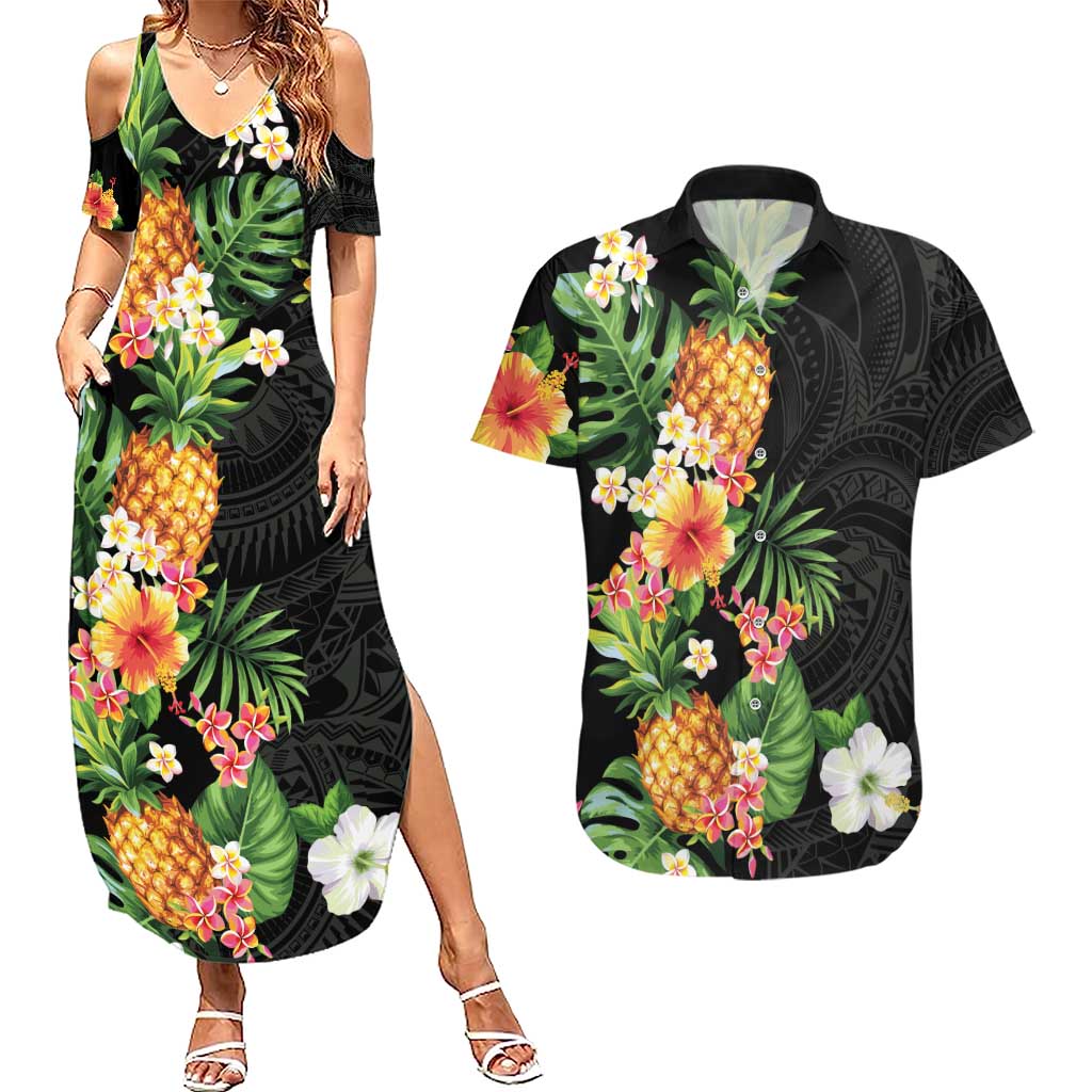 Hawaii Pineapple Tropical Couples Matching Summer Maxi Dress and Hawaiian Shirt Colorful Hibiscus Plumeria LT01 Black - Polynesian Pride