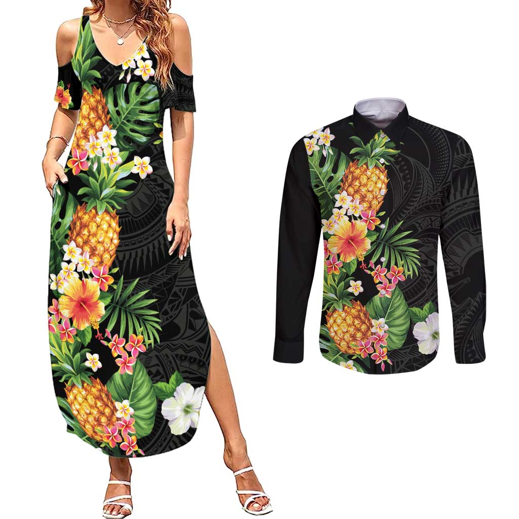 Hawaii Pineapple Tropical Couples Matching Summer Maxi Dress and Long Sleeve Button Shirt Colorful Hibiscus Plumeria LT01 Black - Polynesian Pride