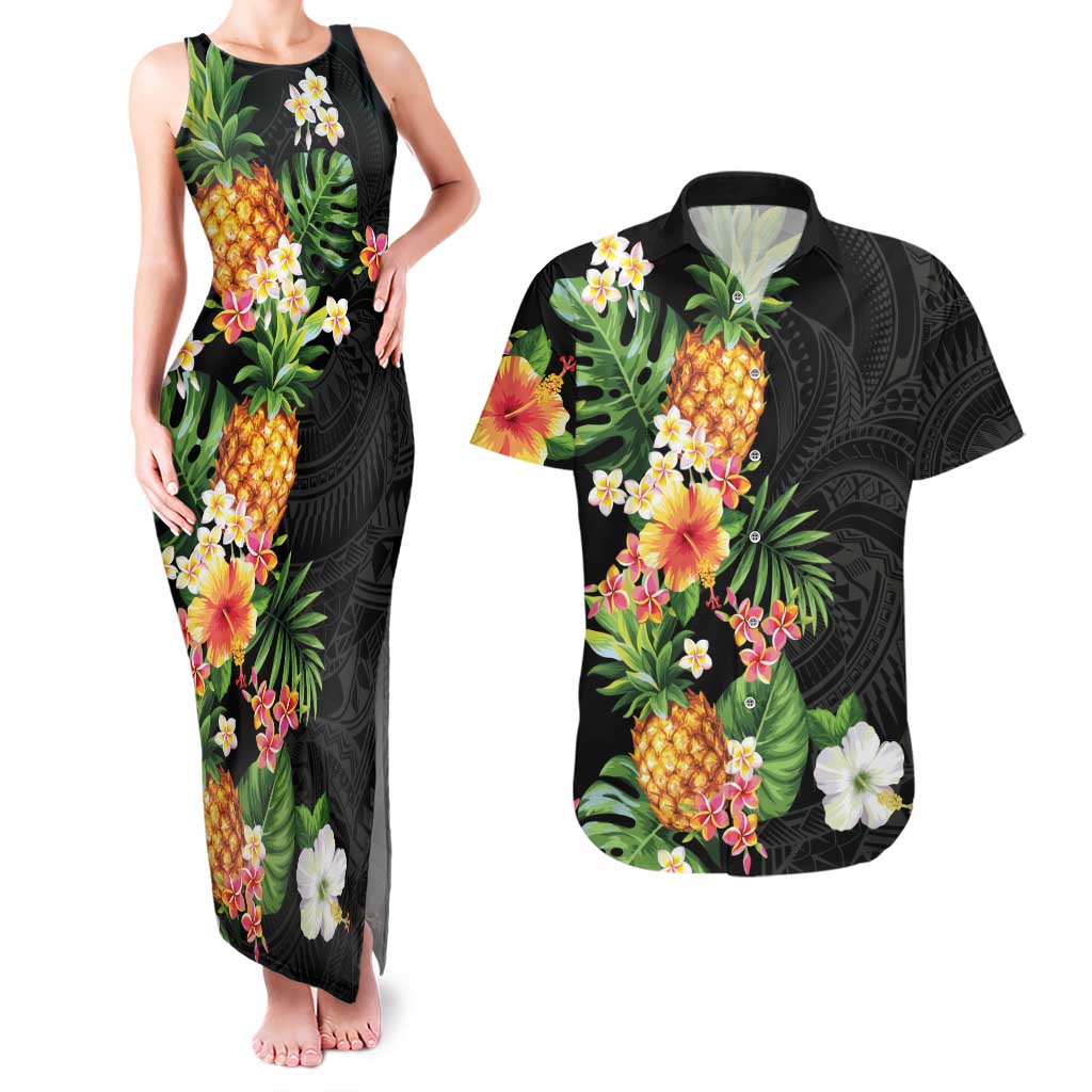Hawaii Pineapple Tropical Couples Matching Tank Maxi Dress and Hawaiian Shirt Colorful Hibiscus Plumeria LT01 Black - Polynesian Pride