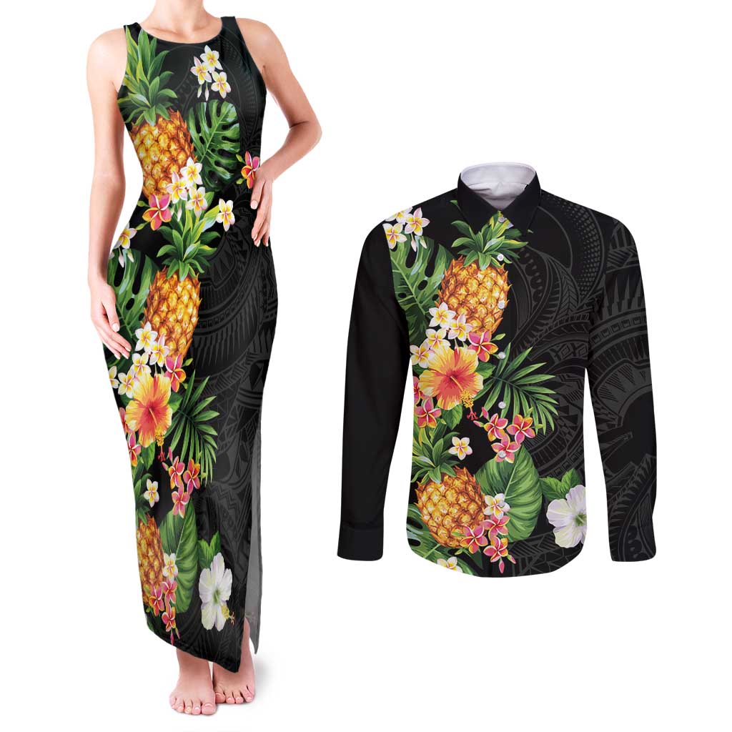 Hawaii Pineapple Tropical Couples Matching Tank Maxi Dress and Long Sleeve Button Shirt Colorful Hibiscus Plumeria LT01 Black - Polynesian Pride