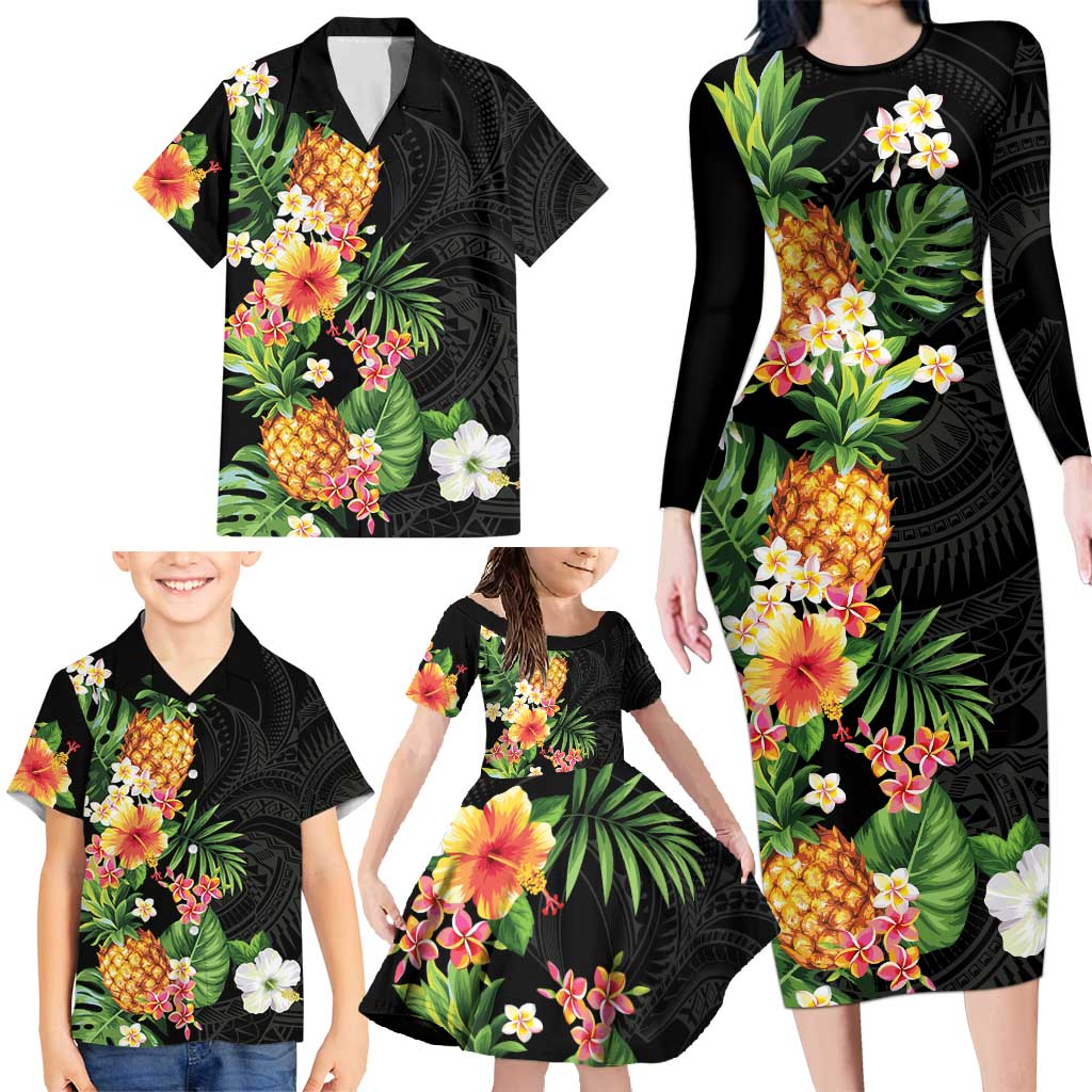 Hawaii Pineapple Tropical Family Matching Long Sleeve Bodycon Dress and Hawaiian Shirt Colorful Hibiscus Plumeria