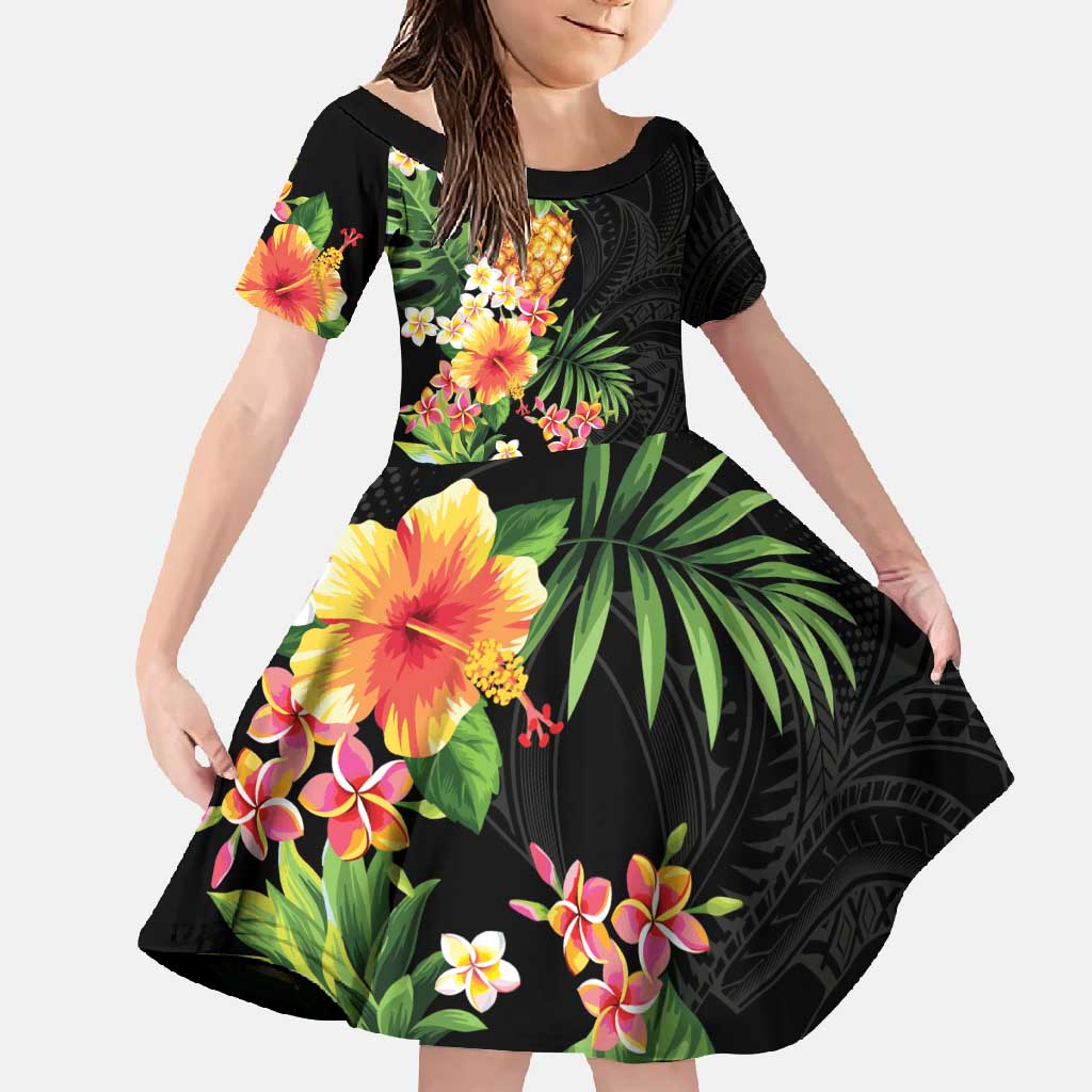 Hawaii Pineapple Tropical Family Matching Short Sleeve Bodycon Dress and Hawaiian Shirt Colorful Hibiscus Plumeria LT01 Daughter's Dress Black - Polynesian Pride