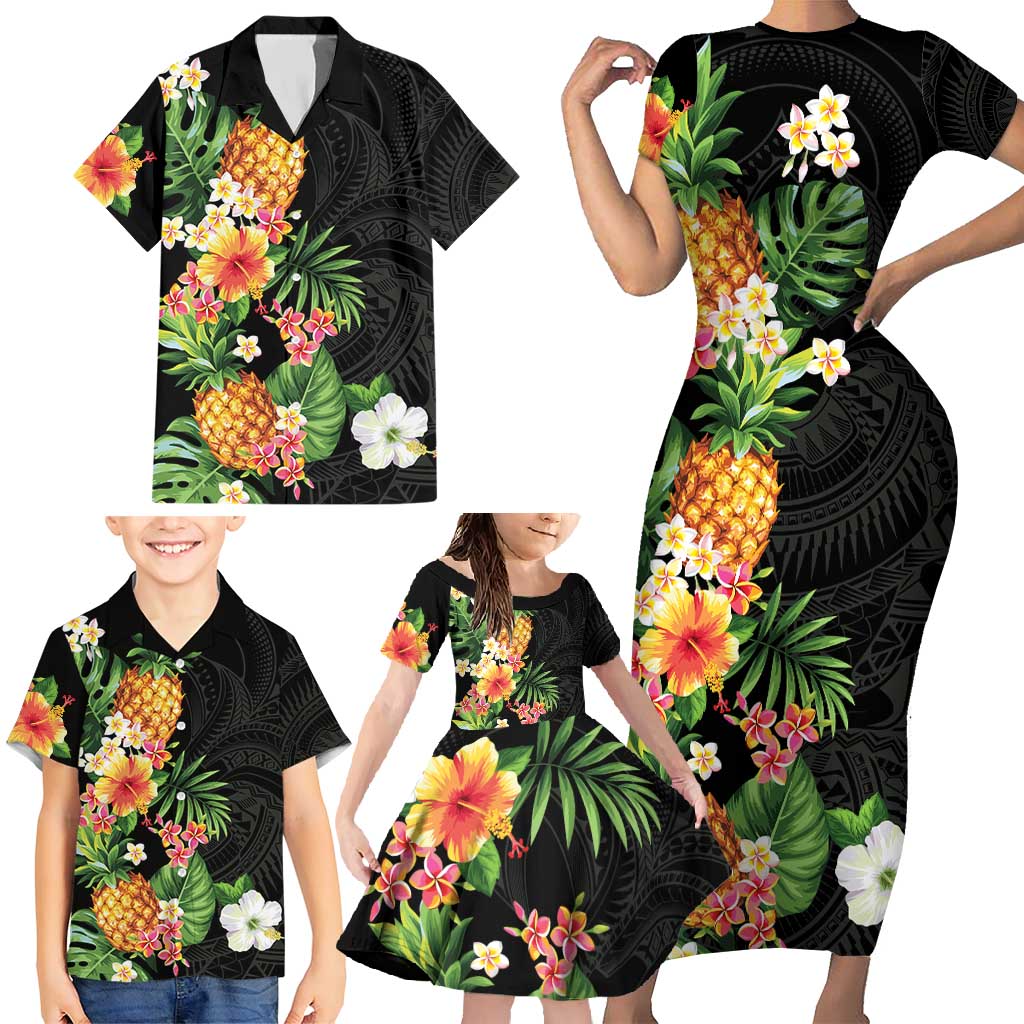 Hawaii Pineapple Tropical Family Matching Short Sleeve Bodycon Dress and Hawaiian Shirt Colorful Hibiscus Plumeria LT01 - Polynesian Pride