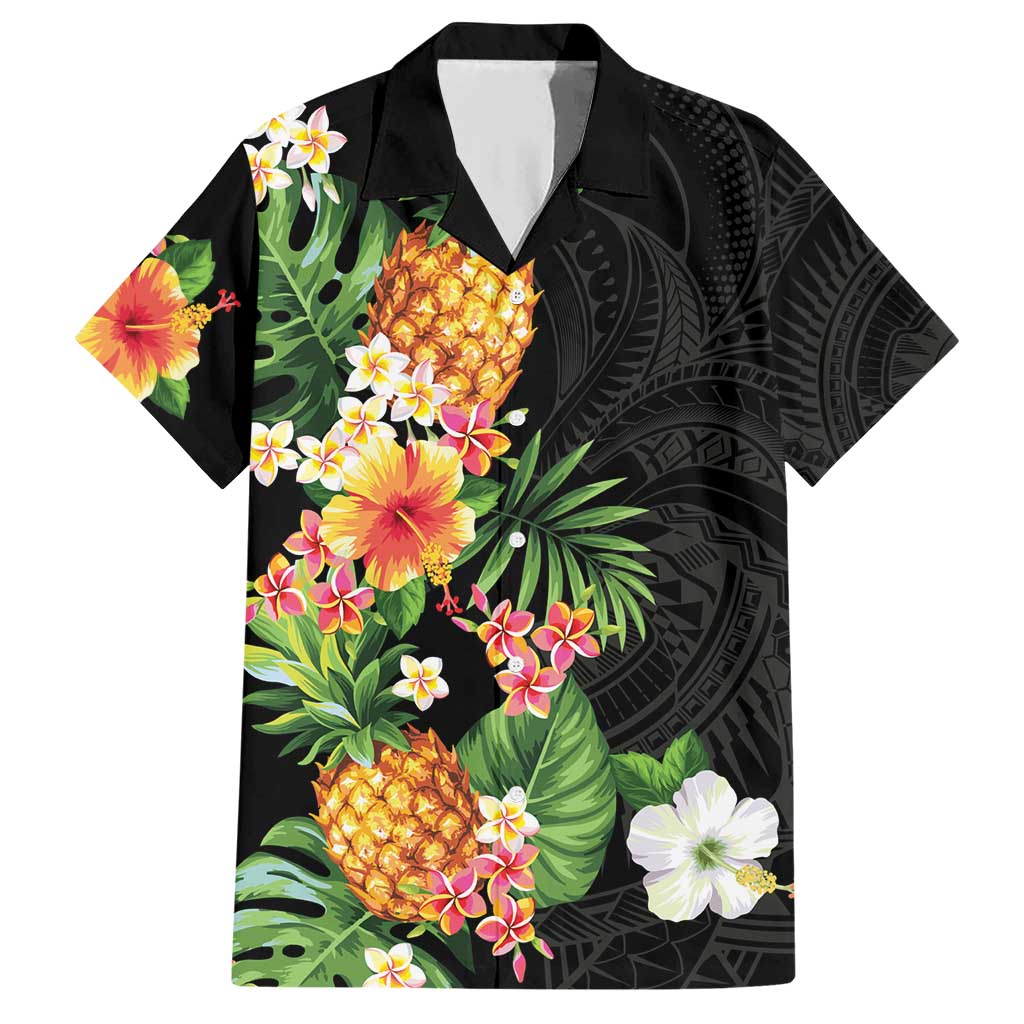 Hawaii Pineapple Tropical Family Matching Short Sleeve Bodycon Dress and Hawaiian Shirt Colorful Hibiscus Plumeria LT01 Dad's Shirt - Short Sleeve Black - Polynesian Pride