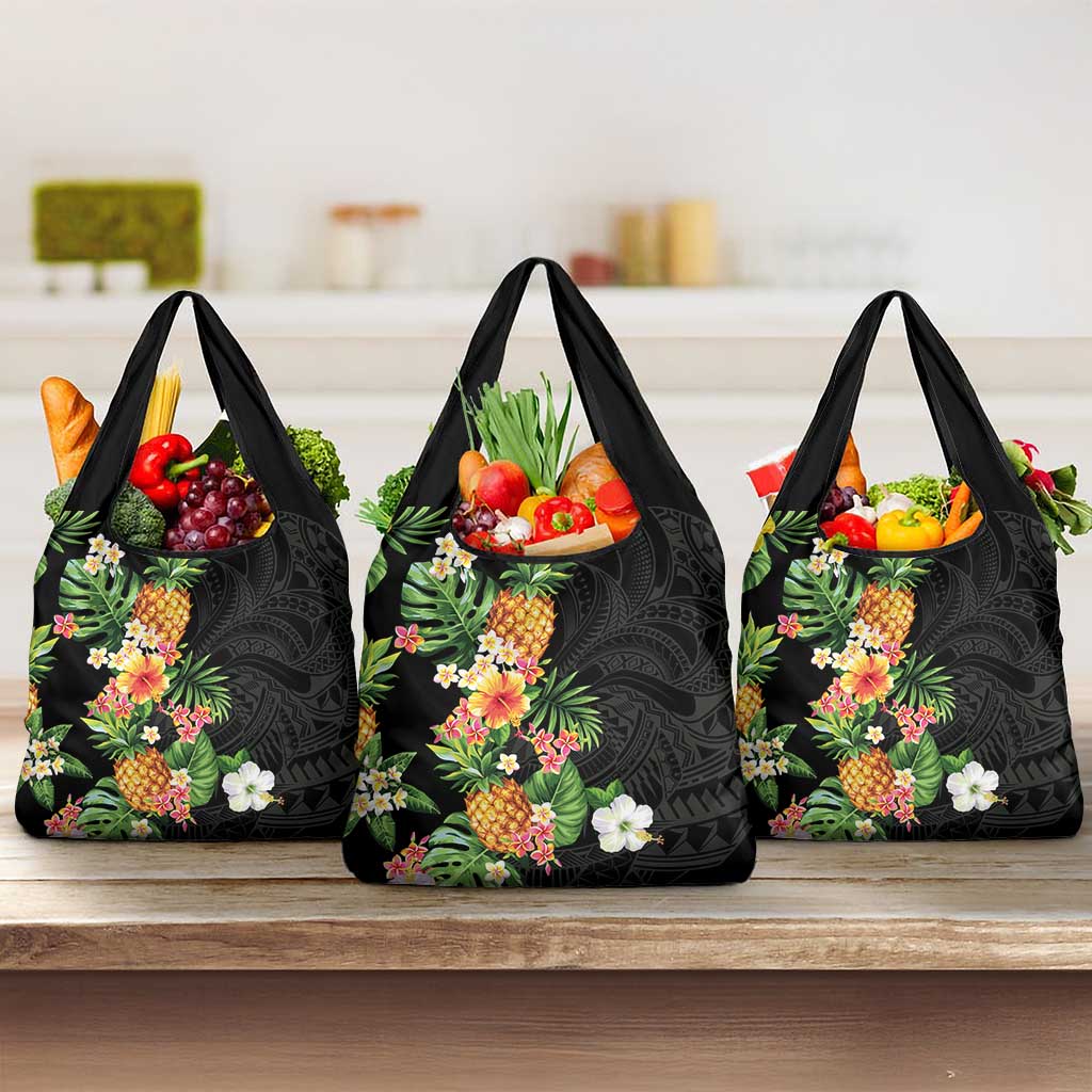 Hawaii Pineapple Tropical Grocery Bag Colorful Hibiscus Plumeria LT01 3-pack One Size Black - Polynesian Pride