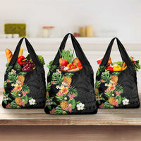 Hawaii Pineapple Tropical Grocery Bag Colorful Hibiscus Plumeria LT01 3-pack One Size Black - Polynesian Pride
