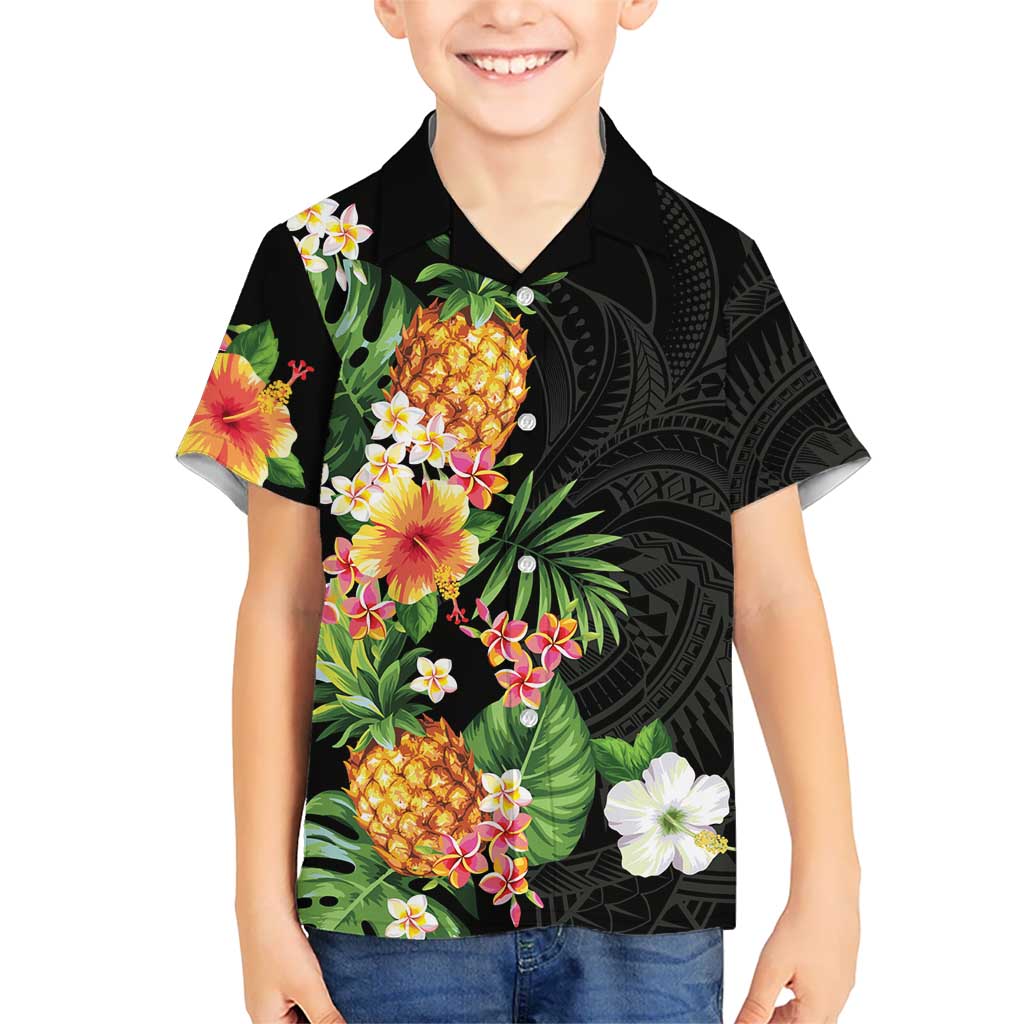 Hawaii Pineapple Tropical Kid Hawaiian Shirt Colorful Hibiscus Plumeria LT01 Kid Black - Polynesian Pride