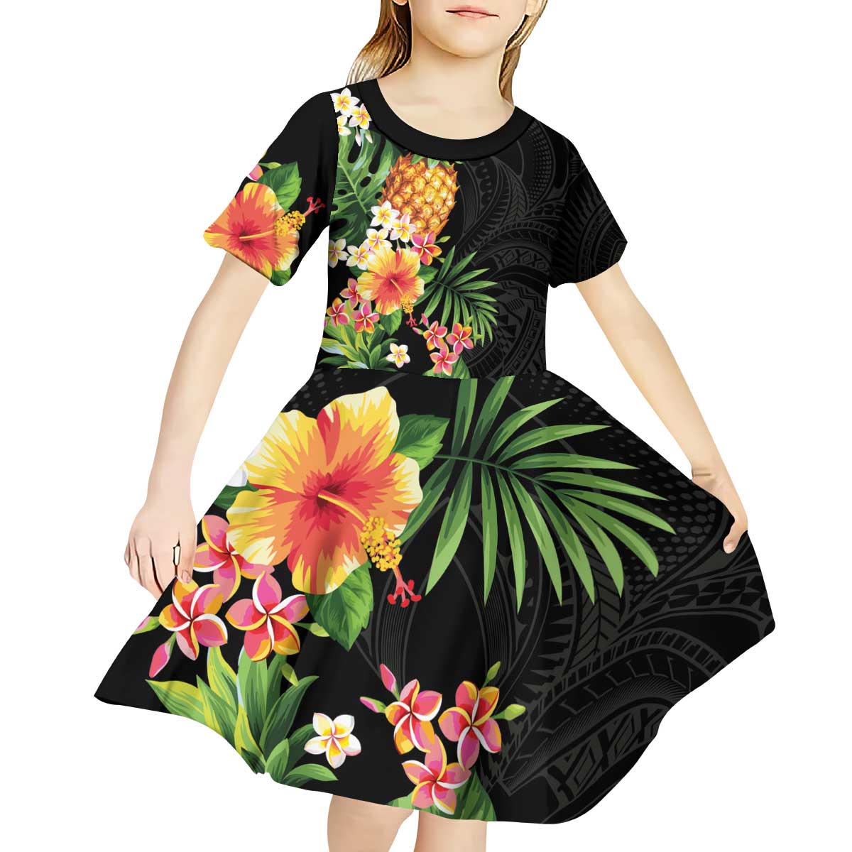 Hawaii Pineapple Tropical Kid Short Sleeve Dress Colorful Hibiscus Plumeria