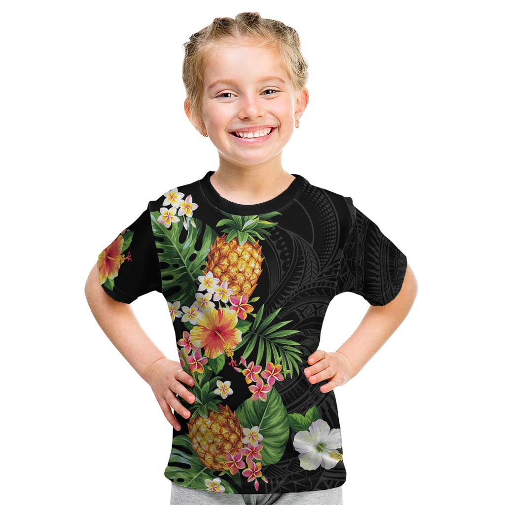 Hawaii Pineapple Tropical Kid T Shirt Colorful Hibiscus Plumeria LT01 Black - Polynesian Pride