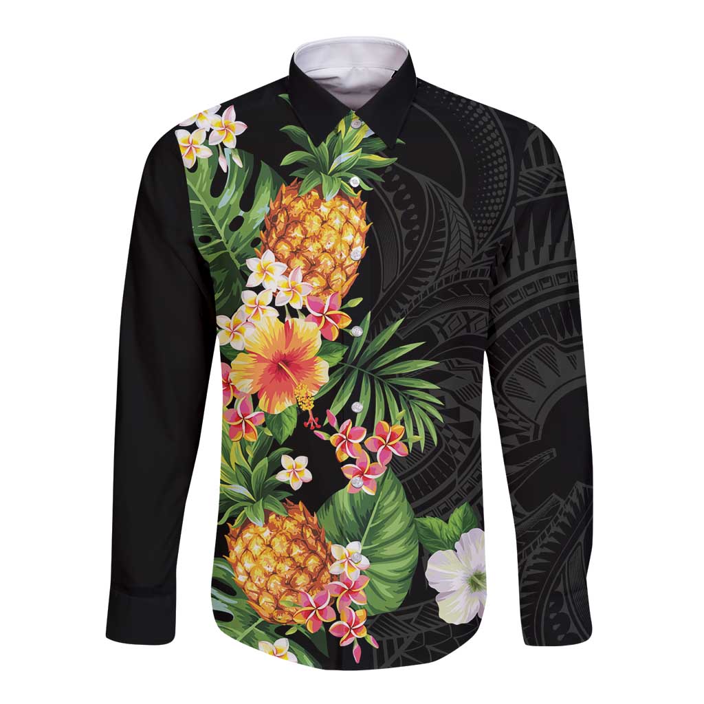 Hawaii Pineapple Tropical Long Sleeve Button Shirt Colorful Hibiscus Plumeria LT01 Unisex Black - Polynesian Pride