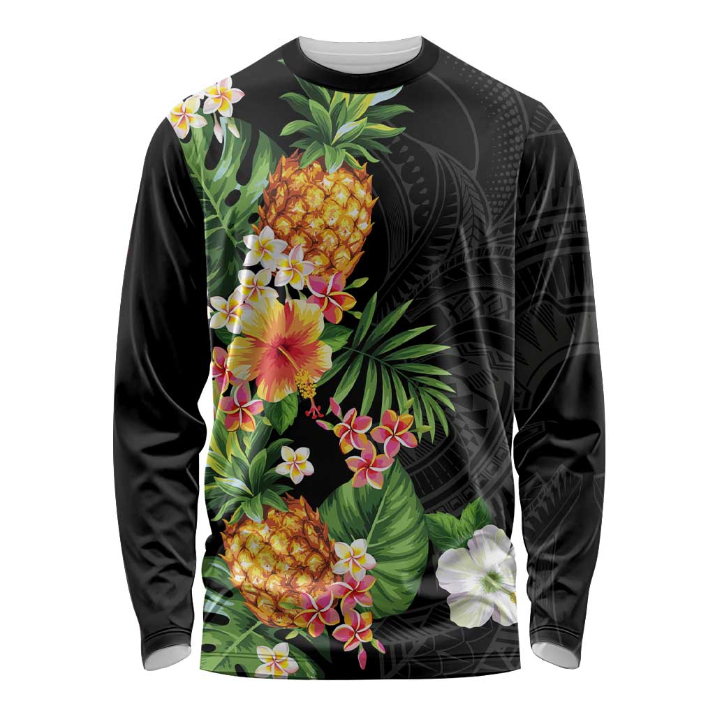 Hawaii Pineapple Tropical Long Sleeve Shirt Colorful Hibiscus Plumeria LT01 Unisex Black - Polynesian Pride