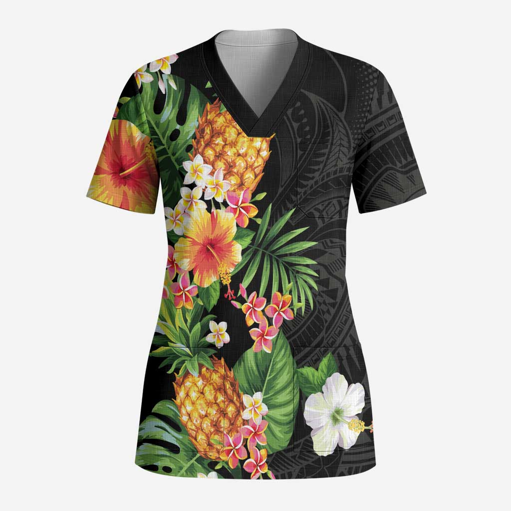 Hawaii Pineapple Tropical Scrub Top Colorful Hibiscus Plumeria LT01 Adult Black - Polynesian Pride