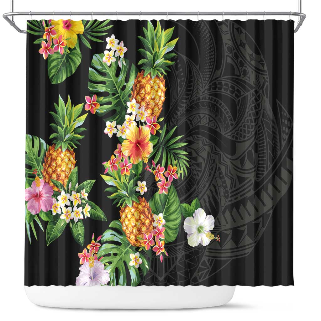 Hawaii Pineapple Tropical Shower Curtain Colorful Hibiscus Plumeria LT01 Black - Polynesian Pride