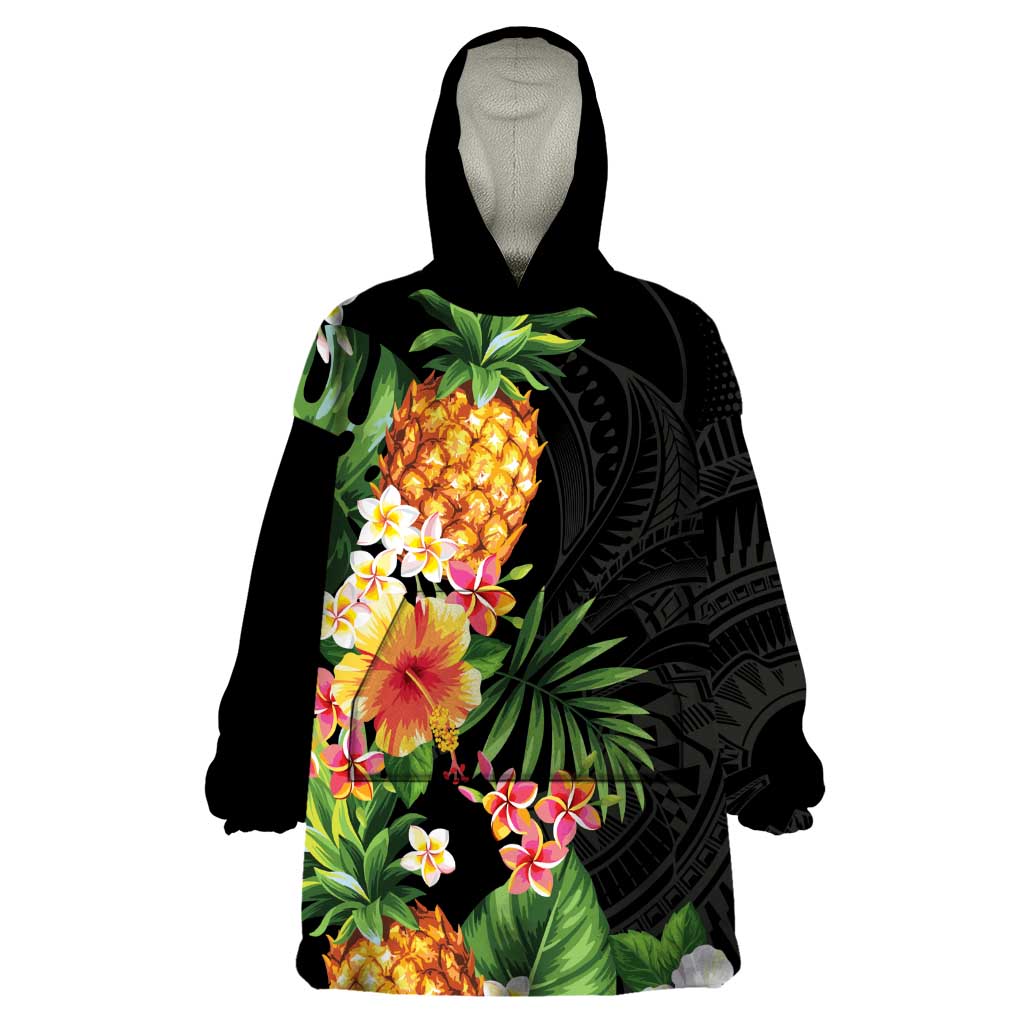 Hawaii Pineapple Tropical Wearable Blanket Hoodie Colorful Hibiscus Plumeria LT01 One Size Black - Polynesian Pride