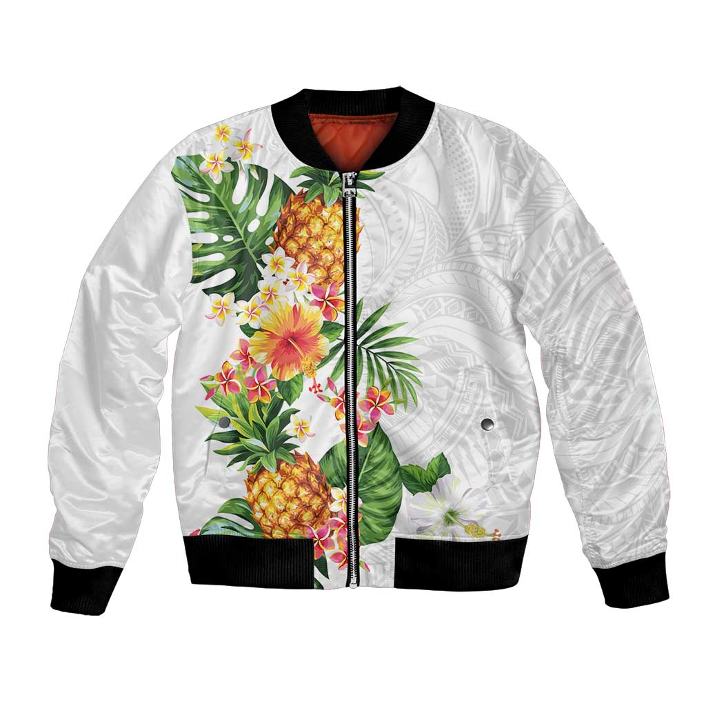 Hawaii Pineapple Tropical Bomber Jacket Luminous Hibiscus Plumeria LT01 Unisex White - Polynesian Pride