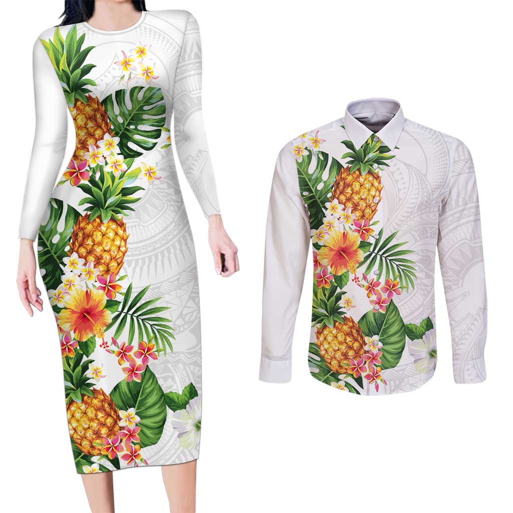 Hawaii Pineapple Tropical Couples Matching Long Sleeve Bodycon Dress and Long Sleeve Button Shirt Luminous Hibiscus Plumeria LT01 White - Polynesian Pride