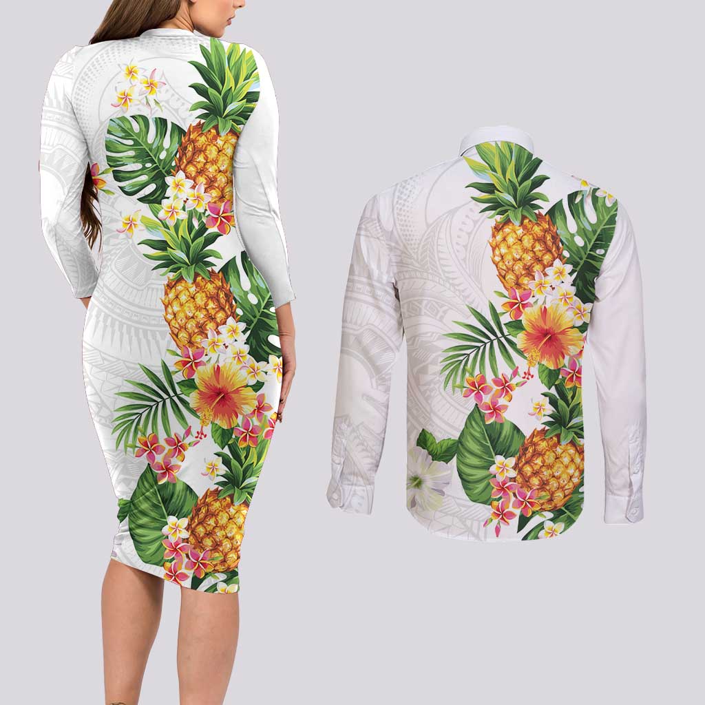 Hawaii Pineapple Tropical Couples Matching Long Sleeve Bodycon Dress and Long Sleeve Button Shirt Luminous Hibiscus Plumeria