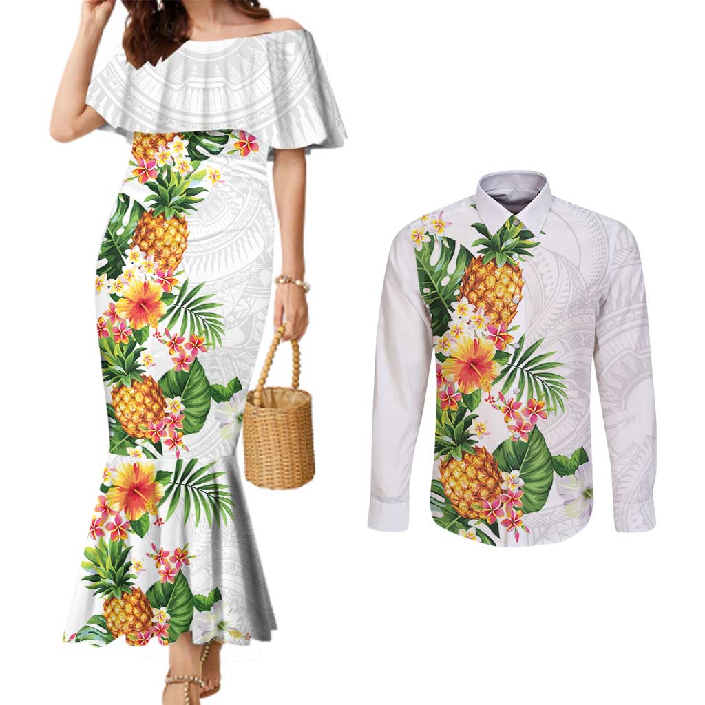 Hawaii Pineapple Tropical Couples Matching Mermaid Dress and Long Sleeve Button Shirt Luminous Hibiscus Plumeria LT01 White - Polynesian Pride